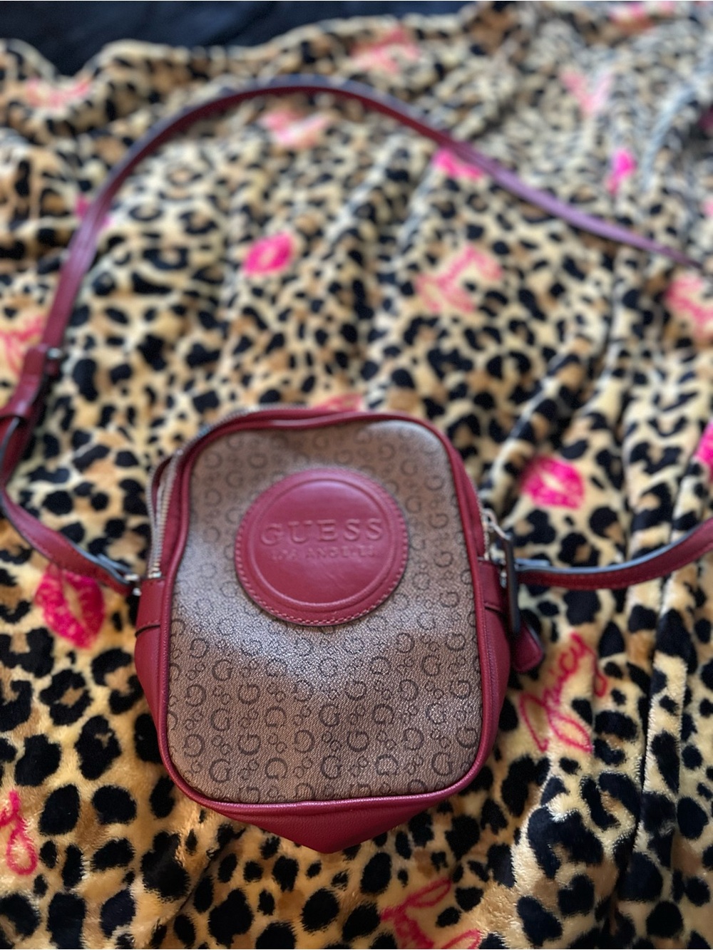 GUESS red and Brown Logo Crossbody Bag